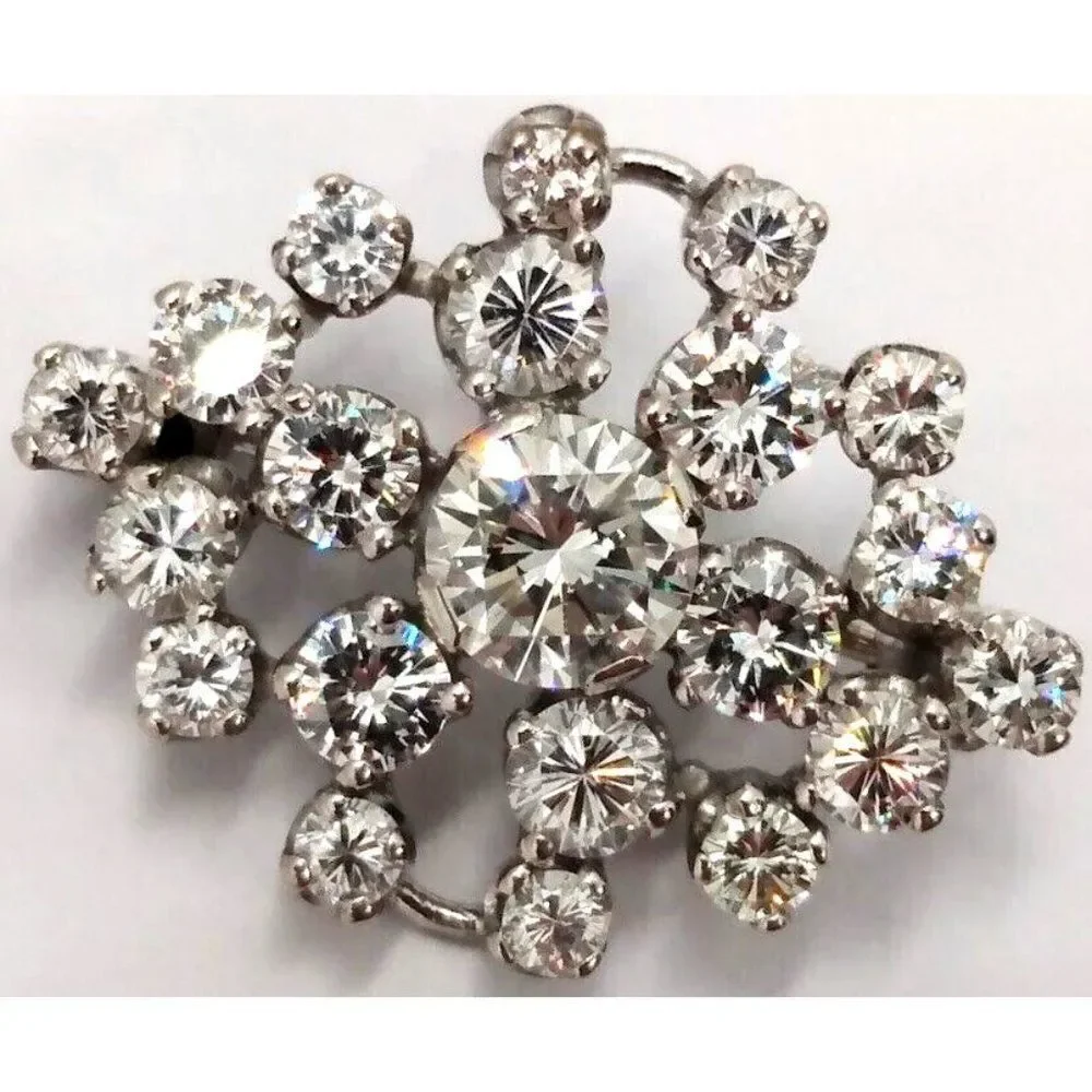 Elegant Vintage Mid-Century Diamond 14K White Gold Pin Brooch Diamond Cluster